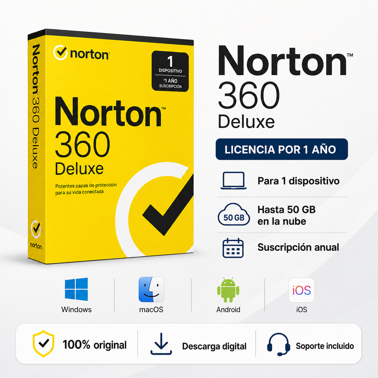 Norton 360 Deluxe 1 dispositivo 1 año Windows/Mac/Android/iOS